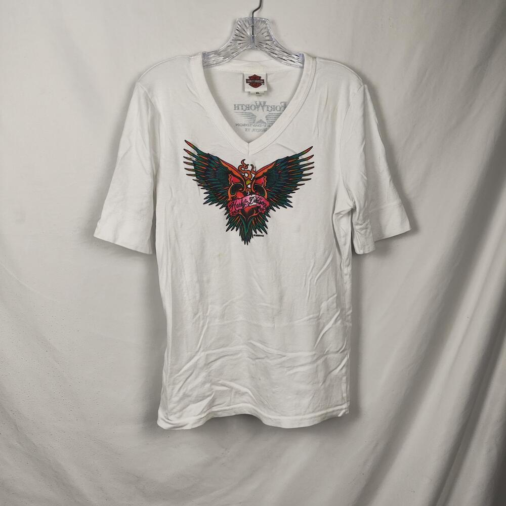 Harley-Davidson Shirt Womens XL White V Neck Graphic Biker Tee Fort Worth Eagle